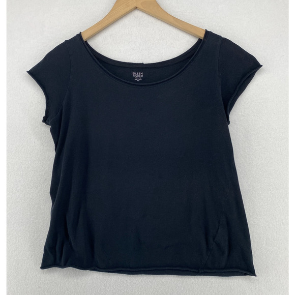 EILEEN FISHER Top PM Fine Cotton Jersey Rolled Hem Scoop Neck Short Sleeve Black - Picture 1 of 13